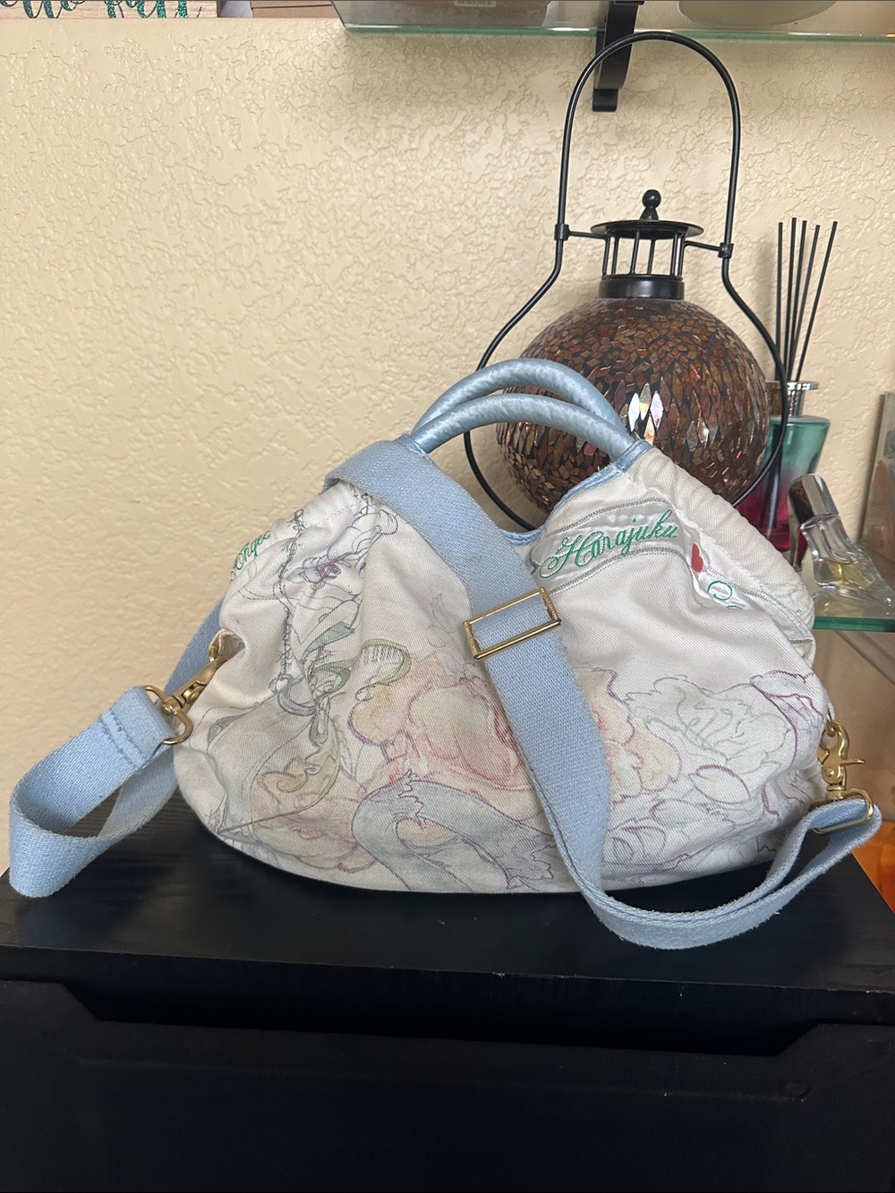 Harajuku Lovers Light Blue and Cream Shoulder Bag with Floral Sketch